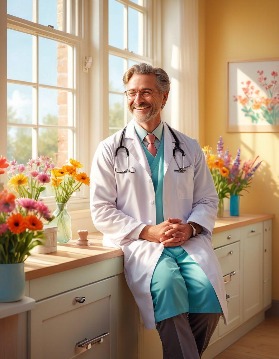 A warm and inviting scene depicting a joyful physician with a bright smile, interacting compassionately with a diverse group of patients in a sunny clinic. The atmosphere should radiate positivity with elements like blooming flowers and sunlight streaming through the windows. Incorporate soft pastel colors to evoke a sense of calm and happiness. whimsical illustration. vibrant colors. 3D.
