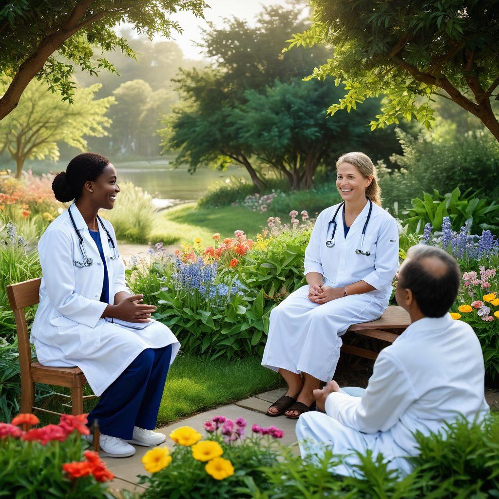 A serene landscape depicting a cheerful medical practitioner engaging in a warm conversation with a diverse group of patients. Include elements of nature, such as blooming flowers and lush greenery, symbolizing holistic care. The practitioner should radiate positivity and health, with a bright smile, while the patients convey joy and comfort. Emphasize a sense of community and wellbeing. vibrant colors. super-realistic.