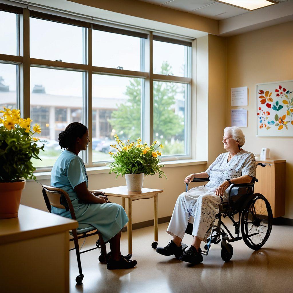 A warm and inviting scene in a hospital where a compassionate caregiver is interacting with a patient, showcasing empathy and connection. Soft, natural light filters through the windows, illuminating cheerful decorations and plants in the room. Include a diverse range of patients and caregivers to represent inclusivity and compassion in healthcare. The atmosphere should evoke feelings of hope and warmth. super-realistic. vibrant colors. soft focus.